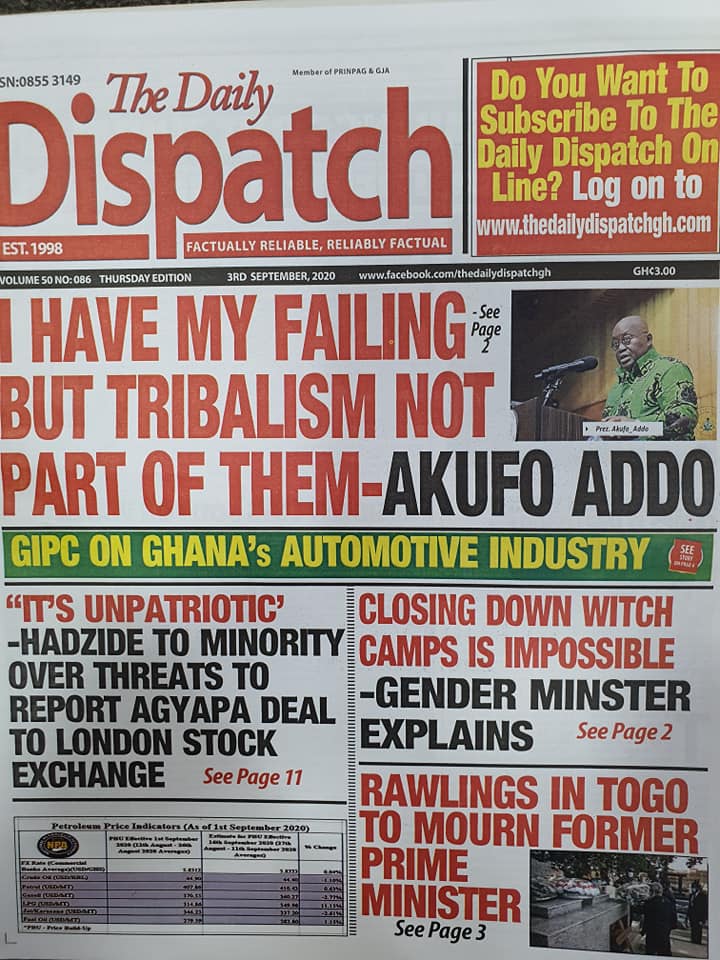 Newspapers Headlines Of Today; Thursday, September 3, 2020