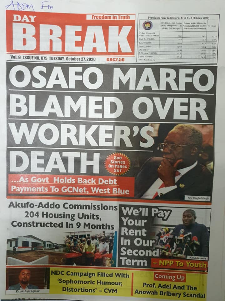 Newspaper headlines of Tuesday, October 27, 2020 56
